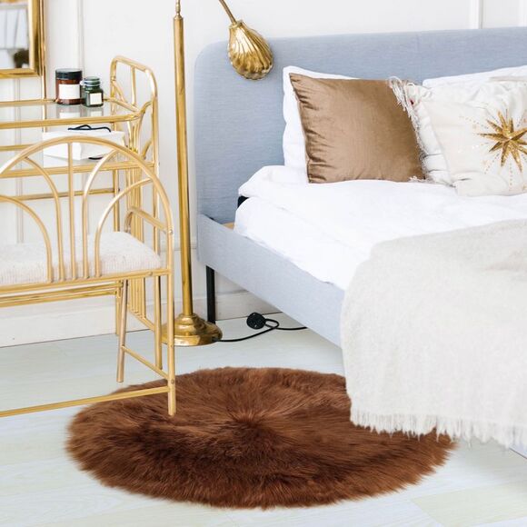 Faux Fur Round Rug Fluffy Area Rugs for Bedroom 3 x 3 Feet Brown - Picture 2 of 6